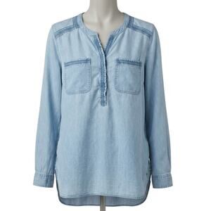 Eddie Bauer Blouse L Blue Chambray Tunic Coastal Cowgirl Lightweight Minimalist